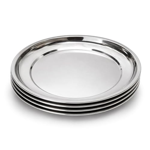 Image of MIKANIX Stainless Steel Dinner Plates | Heavy Duty Steel Thali | Food Grade, Rust Resistant, Durable Dinner Plates | Round Serving Plates for Kitchen, Dining, Home Use (Pack of 3)