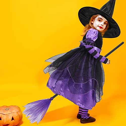 4 Pcs Halloween Costume Set Deluxe Witch Hat Broom Tutu Skirt Striped Thigh High Stockings For Kids Girls Fairytale Party (Purple, M) #TOP5