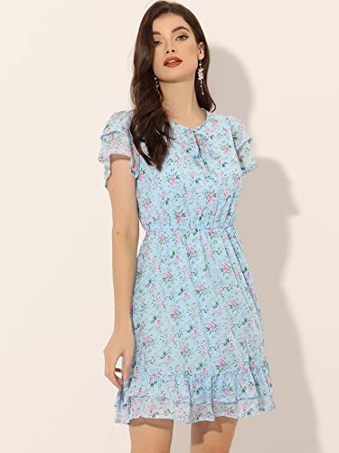 Image of Allegra K Women's Ruffle Sleeve Self-Tie V Neck Flowy Ruffled A-Line Floral Chiffon Dress