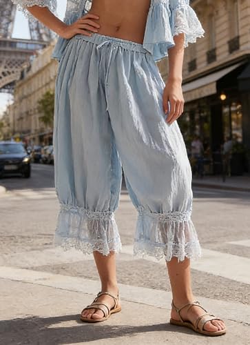 Image of Women Lace Long Bloomers Pants Elastic Waist Y2k Ruffle Pettipants Slip Cute Pantaloons Pumpkin Pants