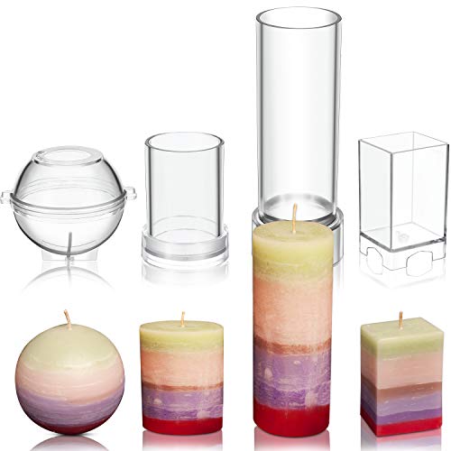 4 Pieces Plastic Candle Molds Clear Candle Making Molds Including Pillar Mold, Cylinder Mold, Rectangle and Sphere Shape Mold for DIY Candle Handmade Supplies