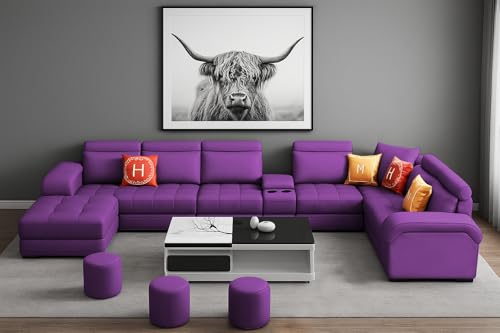 Image of Casaliving Emerson Modern U-Shaped Sectional Sofa Set 9 Seater, Sofa Couch with 3 Puffy for Hall (Purple Colour) Premium Leatherette Fabric Sofa