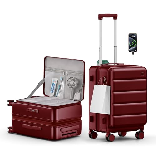 ISLAND ELEPHANT Expandable 20Inch Carry On Luggage Airline Approved - Top Opening Hardside Travel Suitcase Unbreakable -with Cup Holder USB Charge Side Pothook 360Spinner Wheels TSA Lock-Wine Red