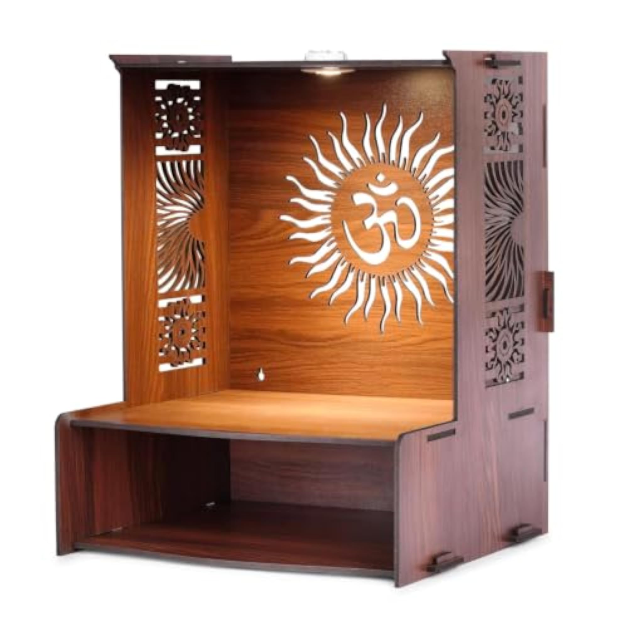 Wooden Wall Mounted Pooja Mandir with Sun Rays Om Design