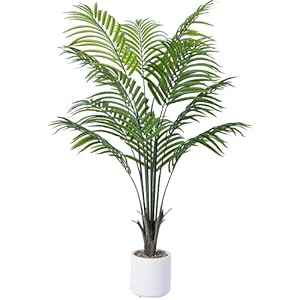 Artificial Areca Palm Tree 4FT Fake Potted Plant Faux Silk Tropical Areca Palm with 12 Trunks & Real Bark Design, Large Aritificial Plant in White Pot for Home Living Room House Warmming Floor Decor