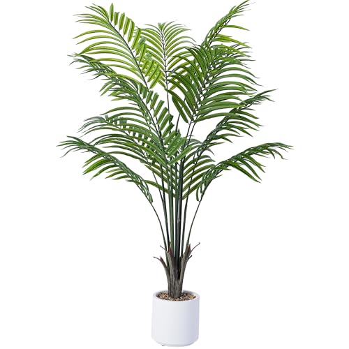 Artificial Areca Palm Tree 4FT Fake Potted Plant Faux Silk Tropical Areca Palm with 12 Trunks & Real Bark Design, Large Aritificial Plant in White Pot for Home Living Room House Warmming Floor Decor
