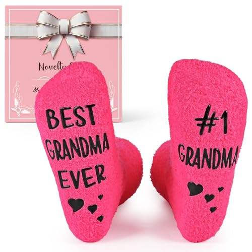 Veachog Gifts for Grandma from Grandkids, Cozy Fleece Socks with Anti-Slip Bottom, Cute Pink Gift Box for Any Occasion