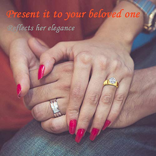 Flamereflection Gold Plated Stainless Steel 4 Carat Round Cubic Zirconia Cz Engagement Women Wedding Solitaire Promise Girls Bands Ring With Stud Earrings Size 9.5 #TOP2