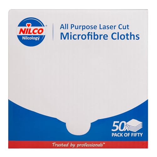 Nilco Paños de Microfibra Multiusos Cortados con láser, Caja de 50, paños de Limpieza absorbentes y de Alto Rendimiento para un Brillo sin Rayas en Todas Las Superficies