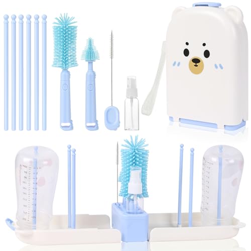 AOOTE Reise Baby Flaschenbürste Set Flaschenbürste Baby Silikonbürste Babyflasche mit Silikon Babyflaschenbürste Saugerbürste Strohbürste Seifenspender Aufbewahrungsbox