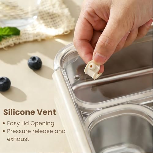 Image of Kreme UrbanMate Bento Lunch Box with Carry Bag 800 ml, 3 Compartment Lunch Box, Stainless Steel, Leak Proof, Spill Proof, Ideal for Adults, Teenagers and Kids, Ivory