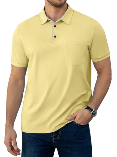 Polo para hombre de manga corta con rayas contrastantes y cuello, con bolsillo | Polos casuales de verano con botones miniatura 1