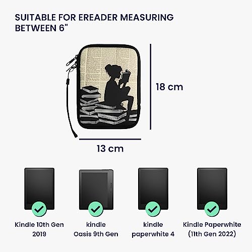 kwmobile Neoprene e-Reader Pouch Size 6" eReader - Universal eBook Sleeve Case with Zipper, Wrist Strap - Black/Beige - Image 2