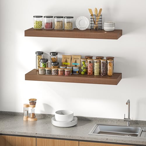Image of Dreamland 40 inch Floating Shelves for Wall, 12 inch Deep Thicker Walnut Floating Shelves, Wall-Mounted Shelves for Bedroom, Living Room, Kitchen, Bathroom - Set of 2