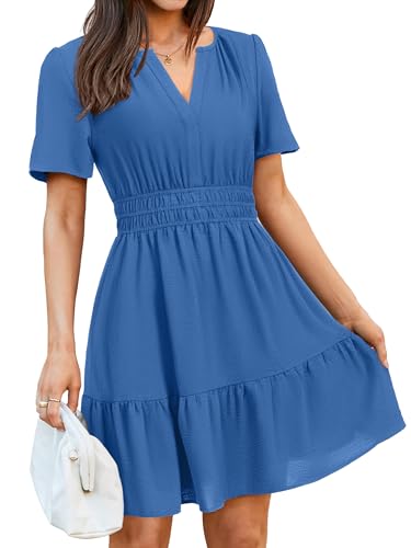Image of Simplee Womens Casual Summer Dresses 2026 V Neck Short Sleeve Empire Waist Flowy A Line Ruffle Tiered Mini Sundress