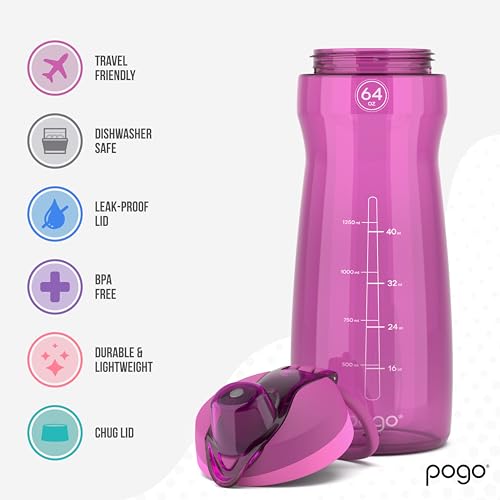 Image of Pogo 64oz Plastic Water Bottle with Leak-Proof Chug Lid and Carry Handle, Reusable, BPA Free, Capacity Markings, Dishwasher Safe, Perfect for Travel, School, Outdoors, and Gym, Fuchsia