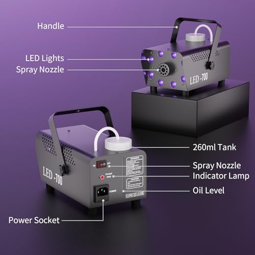 Image of 700W Smoke Machine, Fog Machine with 14 Colorful LED Lighting Effect, Wireless Remote Controlled Fogger Machine, Perfect for Wedding, Halloween, Party, Evemts, 2 PACK