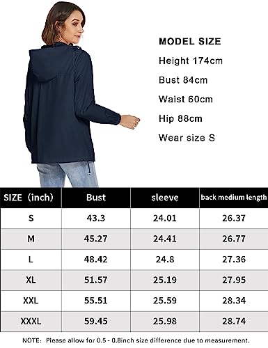 iWoo Dünne Regenjacke Damen Funktionsjacke Wasserdicht Atmungsaktiv Leicht Regenmantel Übergangsjacke für Wandern Reisen Treking, Navy Blau XL