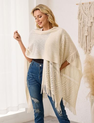 Ferand Women's Lightweight Crochet Shawl Wraps Open Front Knit Fringe Poncho for Spring Summer4