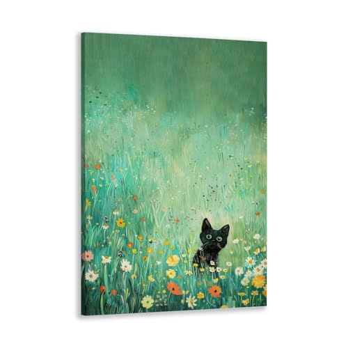 Vintage Wildflower Cat Poster Funny Green Eyes Cat Canvas Wall