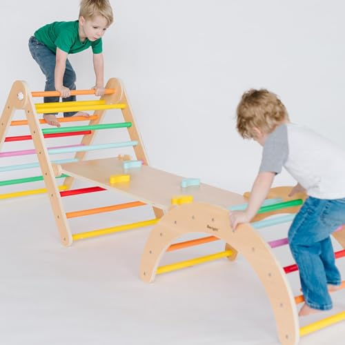 Image of Asweets 4 in 1 Pikler Triangle Gym, Montessori Foldable Climber with Ramp, Indoor Climbing Toys for Kids, Climbing Triangle for Toddlers Arch Climber, Rocker, Learning Waldorf Children Toy, Rainbow