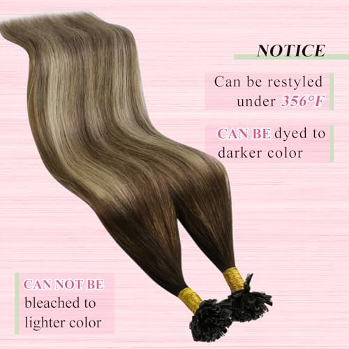 Image of YoungSee U Tip Hair Extensions Human Hair Ombre Dark Brown to Brown with Blonde K Tip Human Hair Extensions Balayage Keratin Hair Extension Real Human Hair Blonde Hair Extensions Utip 24In 1G /S 50G
