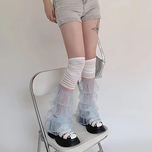 Image of Women Leg Warmers Ruffled Lace Patchwork Long Thigh High Socks Boot Cuffs Cover for Streetwear