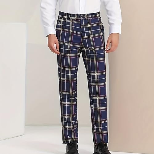 Men Plaid Dress Pants Slim Fit Flat Front Elastic Waistband Suit Trouser Wrinkle Free Chino Pants for Office Business2