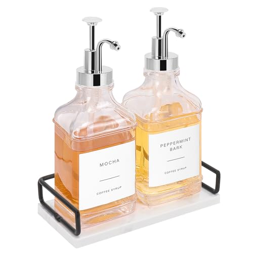 BathAce Coffee Syrup Dispenser for Coffee Bar, Clear Glass Syrup Bottles with Pump, Refillable Maple Syrup Storage, Coffee Station Accessories and Organizer, 500ml, Set of 2 + Tray (Chrome Finish)