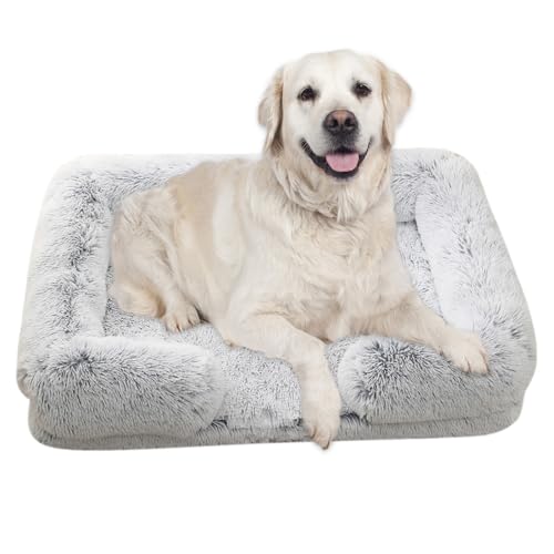 RUYICZB Plush Dog Beds for Large Medium Small Dogs/Puppy Orthopedic Dog Sofa Bed Egg Foam Bolster Pet Couch with Waterproof Lining Non-Skid Bottom Rectangle Washable Cover,Gary c,L 31.5X21.6X6in
