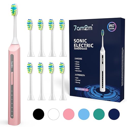 7AM2M Sonic Electric Toothbrush, High Power Rechargeable Toothbrushes, with 8 Brush Heads for Adults and Kids, 15 Adjustable Modes, Built-in 2-Minute Smart Timer, 4 Hours Fast Charge(Pink)