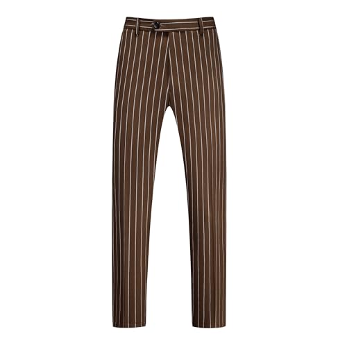 MOGU Men’s Striped Slim Fit Dress Pants – Lightweight Flat Front Pinstripe Suit Trousers, Business Casual Slacks Size XXL 40 Brown