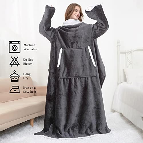 BESSIO Wearable Blanket with Sleeves, Oversized Soft Snuggle Blankets for Adults Women Men, Winter Sherpa Fleece TV Blanket for Bed Sofas, Gifts for Women, 140cm x 180cm (Grey)