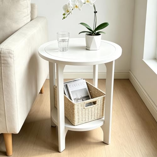 Small Round Side Table 2-Tier Solid Wood End Table Mid Century Modern Nightstand for Living Room Bedroom Easy Assembly (White)