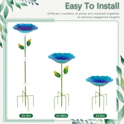 Image of 2 Pack Bird Bath for Outside, Outdoors Garden Decor Flower Birdbath | Colorful Metal Bird Bowl with Five Stakes for Hummingbird Baths & Bird Feeders, 31.3 inch H x 10.63 inch Dia (Blue,Yellow)