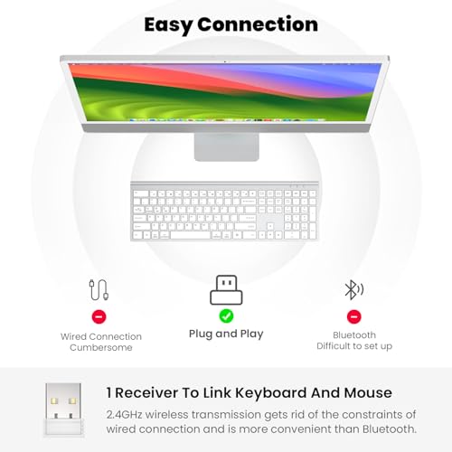 Image of Rechargeable Wireless Keyboard and Mouse Combo, Full Size Silent Ergonomic Scissor Switch Keyboard and Optical Mouse Set, 2.4G Lag-Free Cordless Keyboard Mice for Computer,Mac,Laptop,PC,Windows-Silver