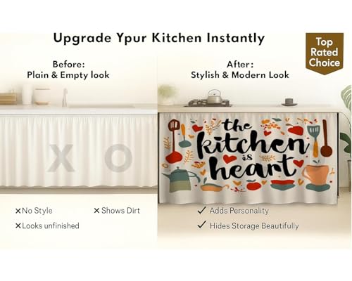 Image of Under Sink & Counter Curtain for Modular Kitchen - Printed Fabric Rod Pocket Hanging Skirt, Washable Under-Counter Cover, Panels (Each Panel: 150 x 70 cm)
