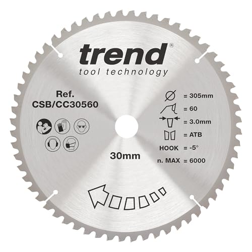 Trend Wood Mitre Saw Blade, 305mm Diameter, 30mm Bore, 60 Teeth, 3mm Kerf, -5° Hook, TCT, Fine Finish, CSB/CC30560