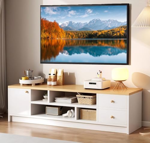 La Mejor Selección de Mesa para Tele los preferidos por los clientes. 50 RWDSDWT Mueble para TV Blanco, 140CM Mesa para TV, Apta para Televisores de 50 Pulgadas o Menos, Centro de Entretenimiento con Estantes Abiertos y Cajones 140 * 30 * 40CM