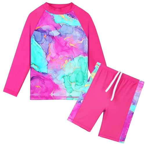 Image of TFJH E Girls Long Sleeve Two Piece Rash Guard Set UPF 50+ 3-13 Y | Stretchy & quick-dry fabric, breathable & lightweight, UPF 50+ sun protection, ideal for pool beach vacation