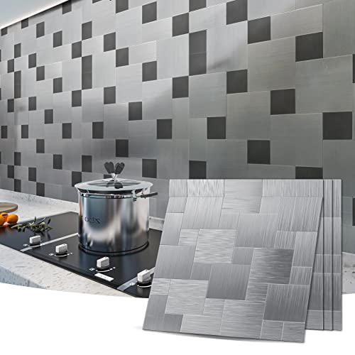 Art3D Peel And Stick On Metal Steel Backsplashes, 10-Piece Puzzle Brush Silver Square #TOP1