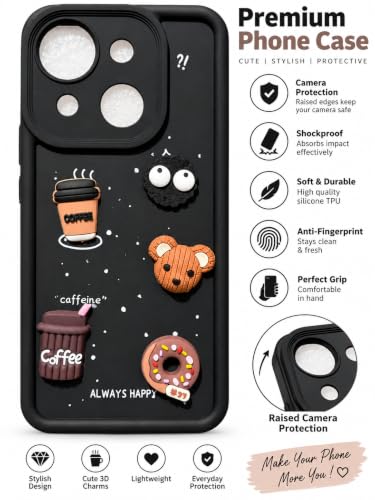 Image of Bintage Back Cover Compatible for Itel A669L / Itel A50C | Cute Fun Ball | 3D Taddy Smiley Coffee | Milk Case | Full Body Protection - Black