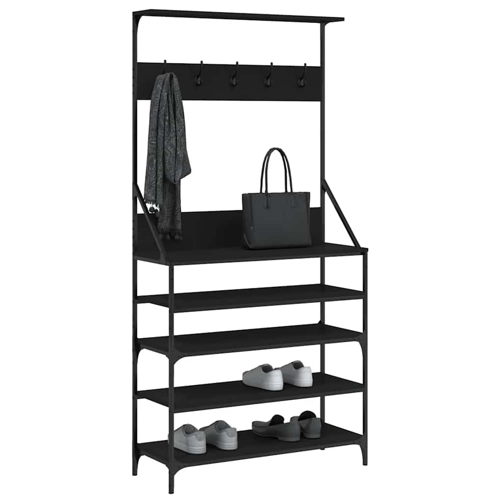 Kleiderständer Garderobe mit Schuhablage Schwarz 90x34x184 cm freistehend aus Holzwerkstoff und Metall platzsparend mit Haken und Rollen für Flur Schlafzimmer Ankleidezimmer