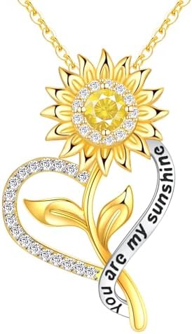 Sunflower Necklace for Women Gifts for Wife 18K Gold Plated 925 Sterling Silver You Are My Sunshine Necklaces for Girlfriend Heart Pendant Jewelry for Mom on Mother’s Day Valentine&#39;s Day Birthday Christmas Gift for Her