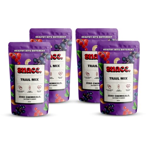 Image of Snacc Mix Trail | Dry Fruits and Mix Nuts| Almond, Cashew, Bluenerries, Pumkin Seed, Blackcurrants | Iodized Salt | Healthy Snacking (200 g, Pack of 4)