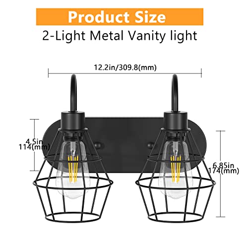 Elibbren Bathroom Vanity Light Fixtures, 2-Light Bathroom Lighting Fixtures Over Mirror With Cage, E26 Base Black Farmhouse Wall Sconces For Bedroom Living Room, Ul Listed (Bulbs Included) #TOP1