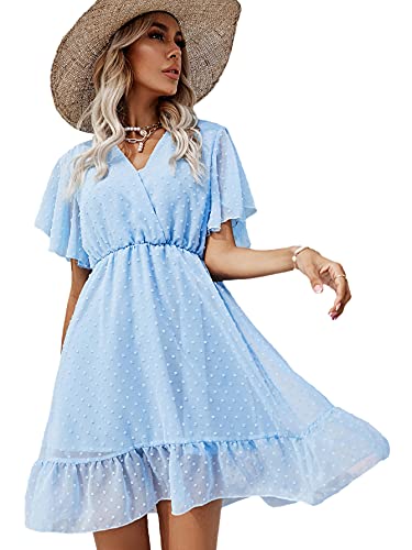MakeMeChic Women s Swiss Dot V Neck Short Sleeve Ruffle Hem High Waist Dress Blue XL