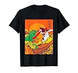 Kaiju Monster vs Cat Laser Eye Fight Great Wave Japonais T Shirt