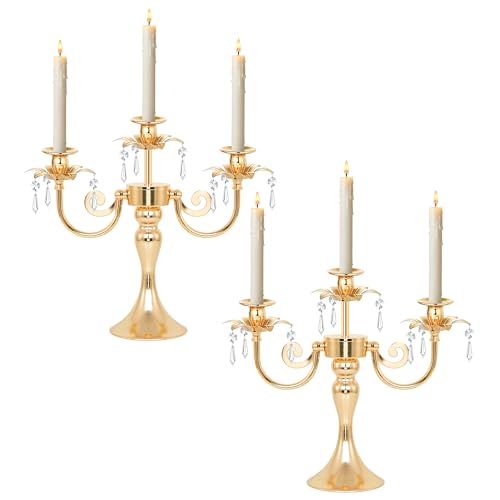 Image of Metal 3 Arm Candelabra with Crystal Pendants - 11.8 Inch Tall Candle Holders, Set of 2 - Elegant Taper Candlestick Stand for Wedding, Dining Table, Christmas Party Home Decoration (2, Gold)