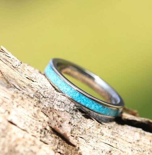 TIGRADE 3MM Titanium Ring Blue Turquoise Engagement Wedding Band for Woman Size 3-133